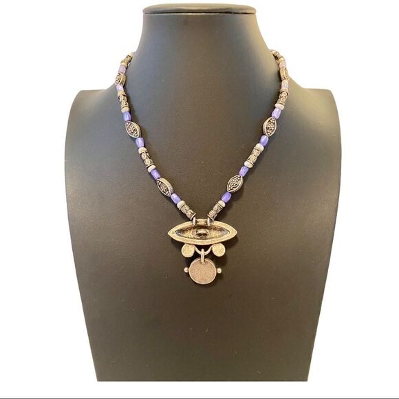 Chico’s. Boho Style Brushed Nickel & Purple Beaded Pendant Necklace. - Picture 3 of 5